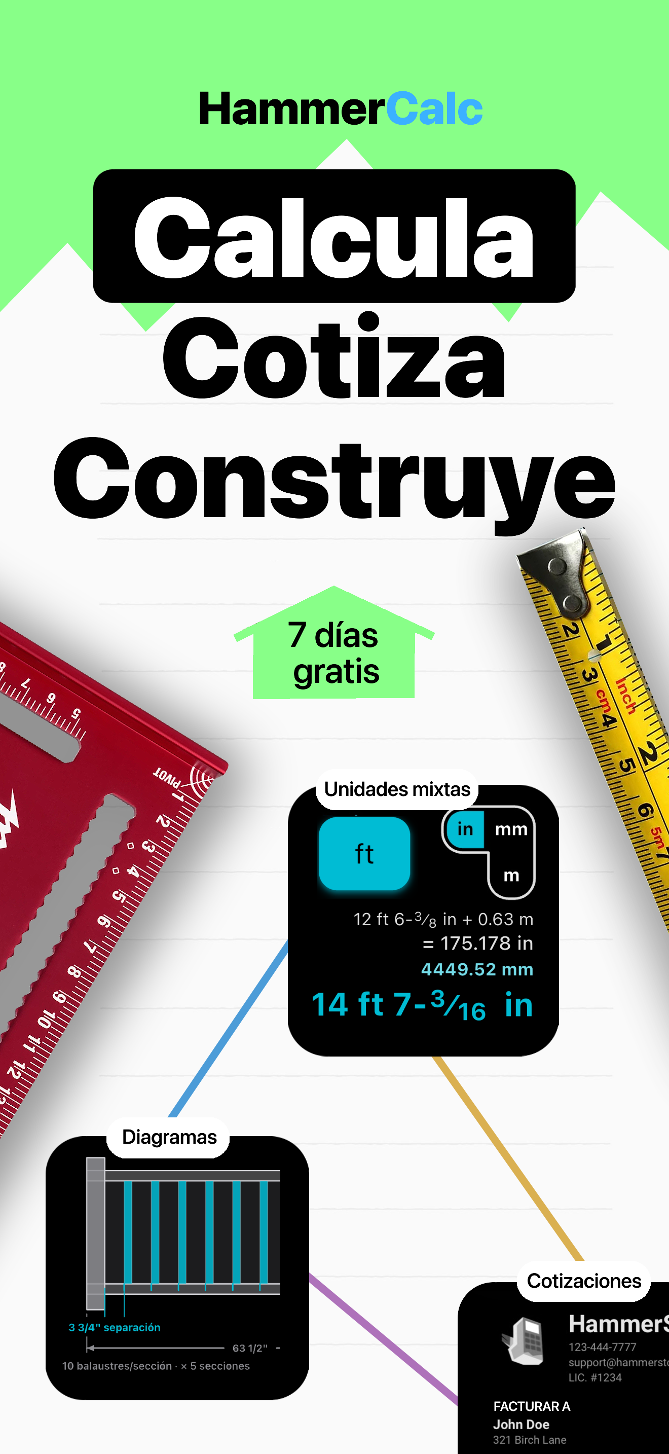 HammerCalc combinando pies, pulgadas y metros en un cálculo