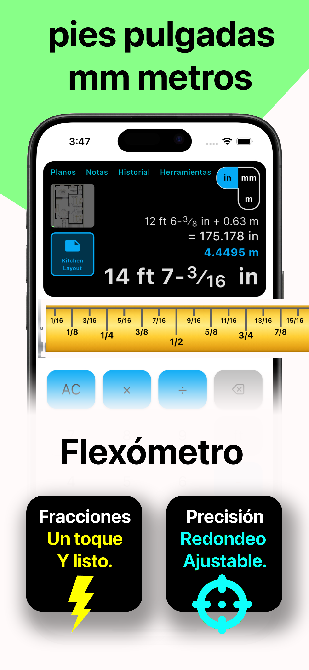Widget de cinta métrica de HammerCalc para fracciones rápidas