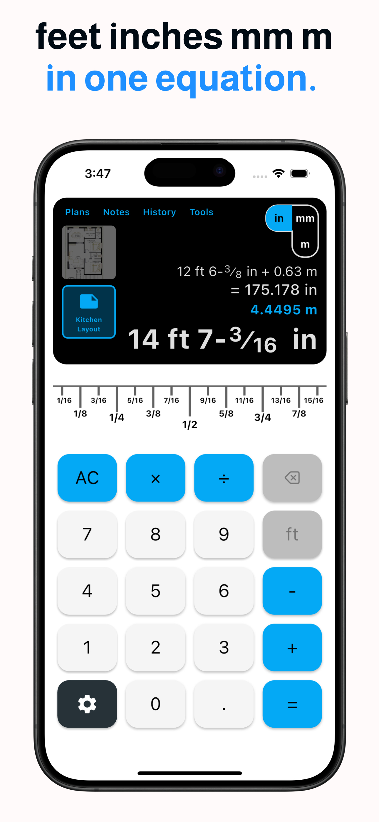 HammerCalc combinando pies, pulgadas y metros en un cálculo
