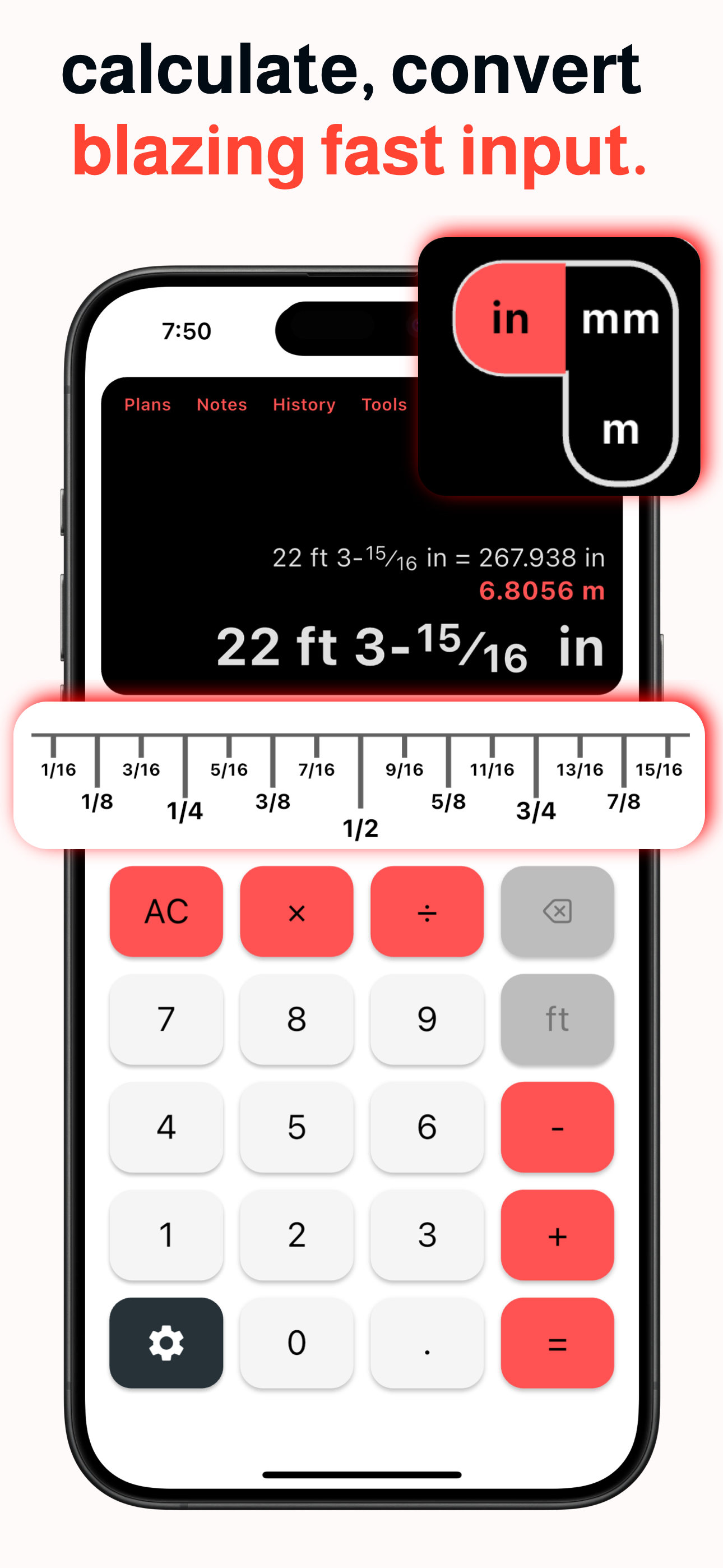 Widget de cinta métrica de HammerCalc para fracciones rápidas